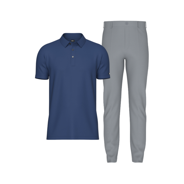 Tailored Slate Gray Pant In Icy Cotton with Tailored Navy Blue Polo Shirt