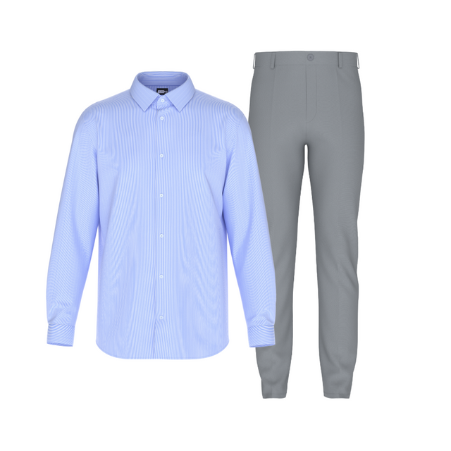 Tailored Slate Gray Pant In Icy Cotton with Tailored Blue White Lines Shirt