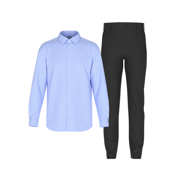 Tailored Black Pant In Icy Cotton with Tailored Blue White Lines Shirt