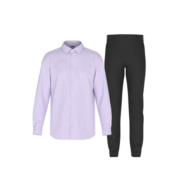 Tailored Black Pant In Icy Cotton with Tailored Purple Exquisite Shirt Crisp White Lines