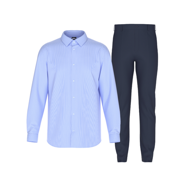 Tailored Navy Blue Pant In Icy Cotton with Tailored Blue White Lines Shirt