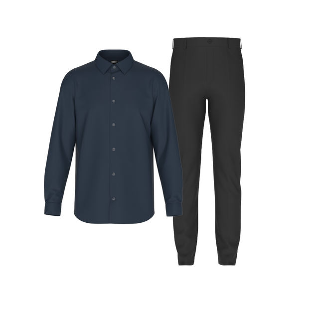 Tailored Black Pant In Icy Cotton with Tailored Midnight Blue Shirt