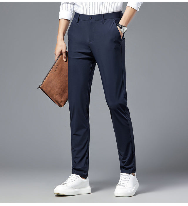 Tailored Navy Blue 4-Way Stretch Dress Casual Pant In Icy Cotton