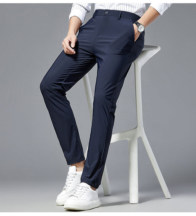 Tailored Navy Blue 4-Way Stretch Dress Casual Pant In Icy Cotton