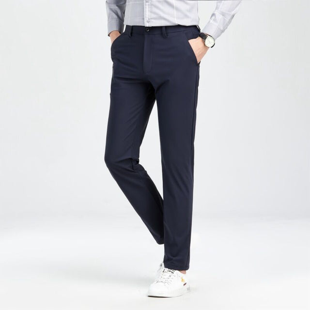 Tailored Navy Blue 4-Way Stretch Dress Casual Pant In Icy Cotton